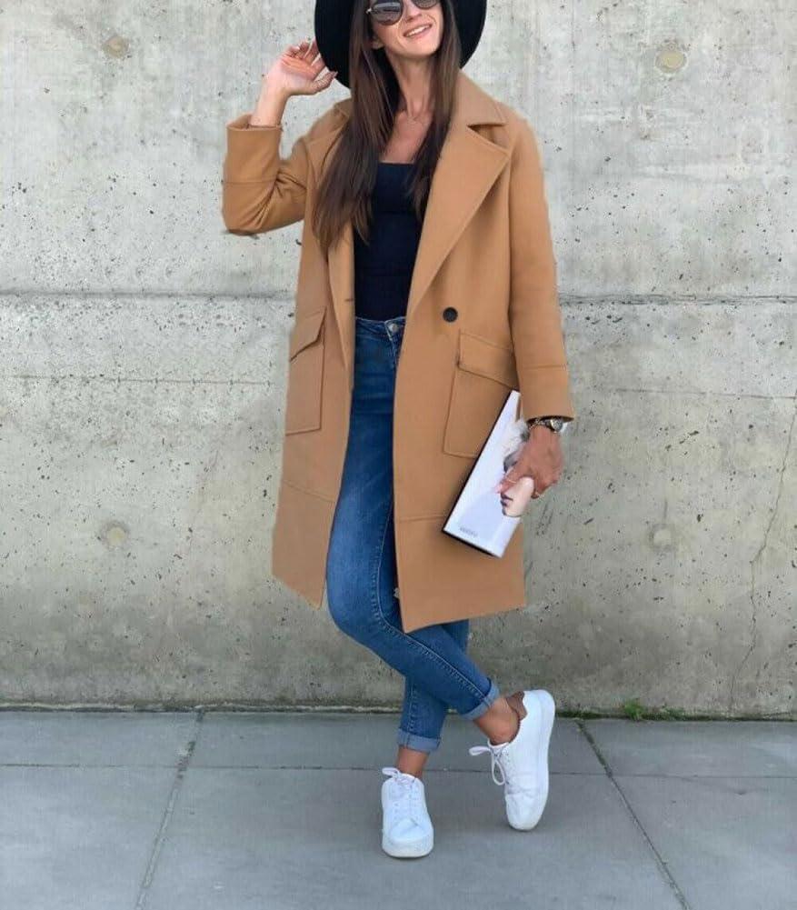 imagechouyatou Womens Casual Double Breasted Long Wool Coat Notched Lapel Office Work Wool Blend Trench Pea CoatKhaki