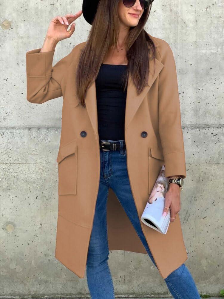 imagechouyatou Womens Casual Double Breasted Long Wool Coat Notched Lapel Office Work Wool Blend Trench Pea CoatKhaki