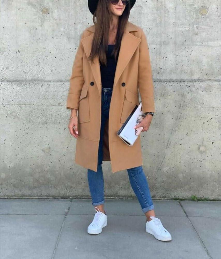 imagechouyatou Womens Casual Double Breasted Long Wool Coat Notched Lapel Office Work Wool Blend Trench Pea CoatKhaki
