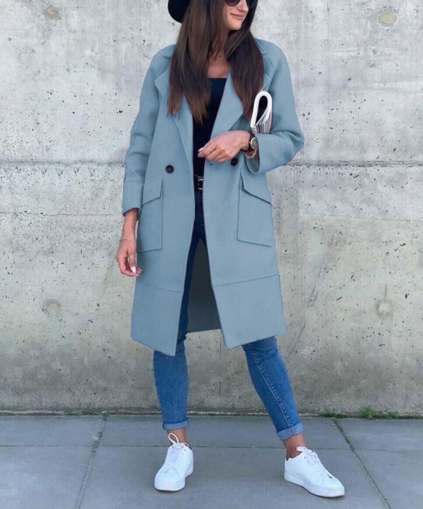 imagechouyatou Womens Casual Double Breasted Long Wool Coat Notched Lapel Office Work Wool Blend Trench Pea CoatLight Blue
