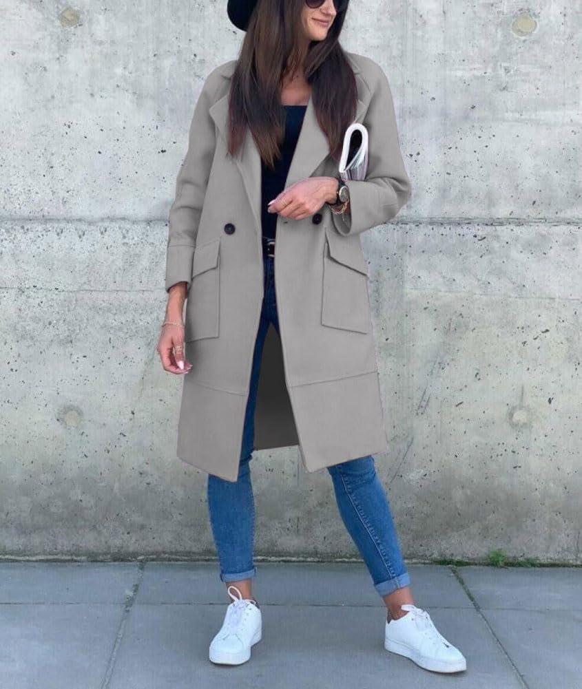 imagechouyatou Womens Casual Double Breasted Long Wool Coat Notched Lapel Office Work Wool Blend Trench Pea CoatLight Gray