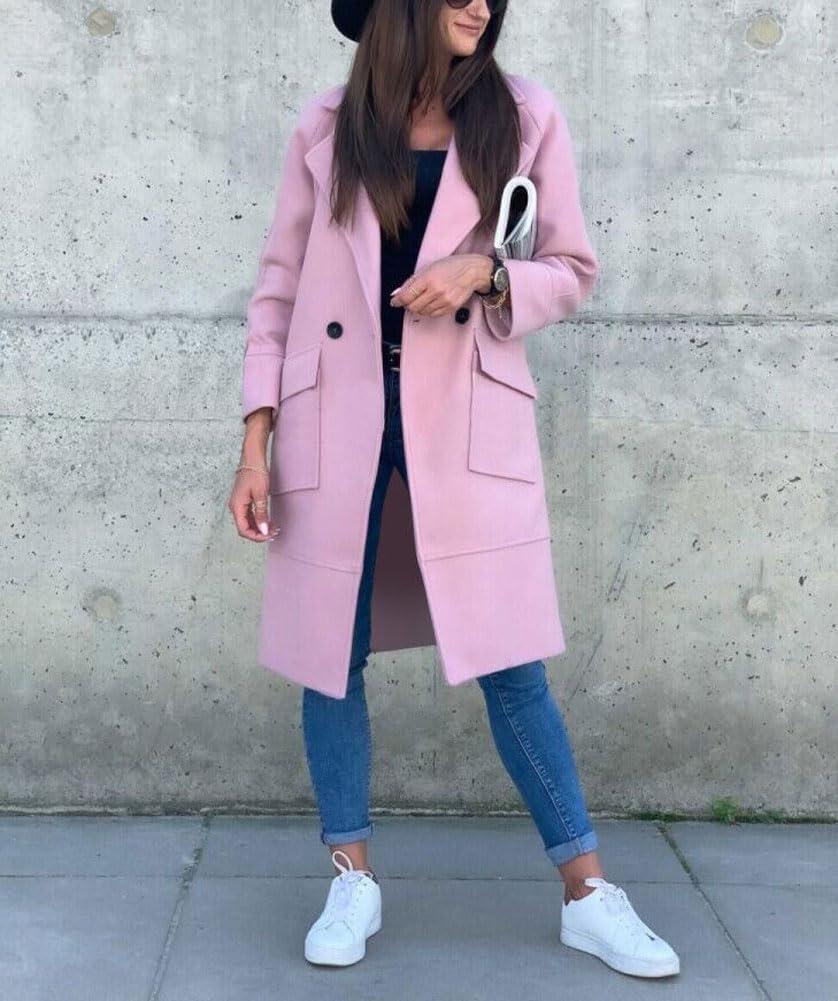 imagechouyatou Womens Casual Double Breasted Long Wool Coat Notched Lapel Office Work Wool Blend Trench Pea CoatPink