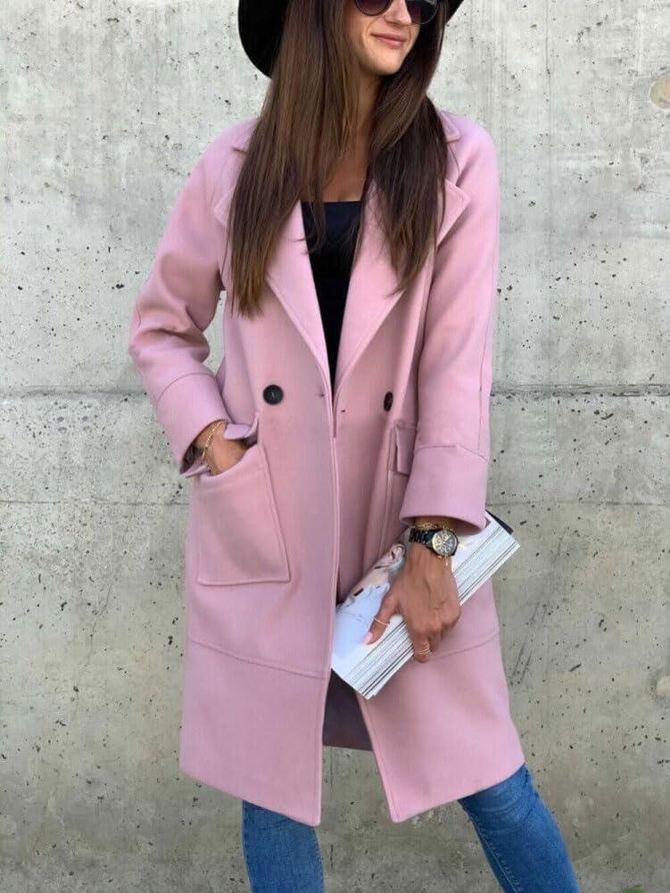 imagechouyatou Womens Casual Double Breasted Long Wool Coat Notched Lapel Office Work Wool Blend Trench Pea CoatPink