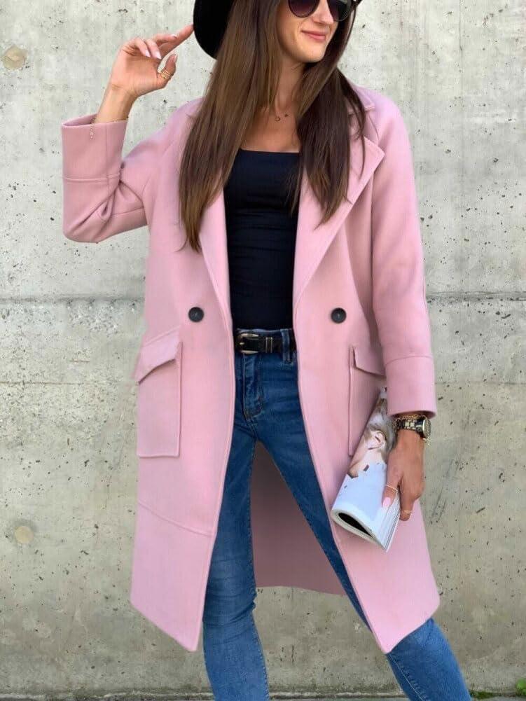 imagechouyatou Womens Casual Double Breasted Long Wool Coat Notched Lapel Office Work Wool Blend Trench Pea CoatPink