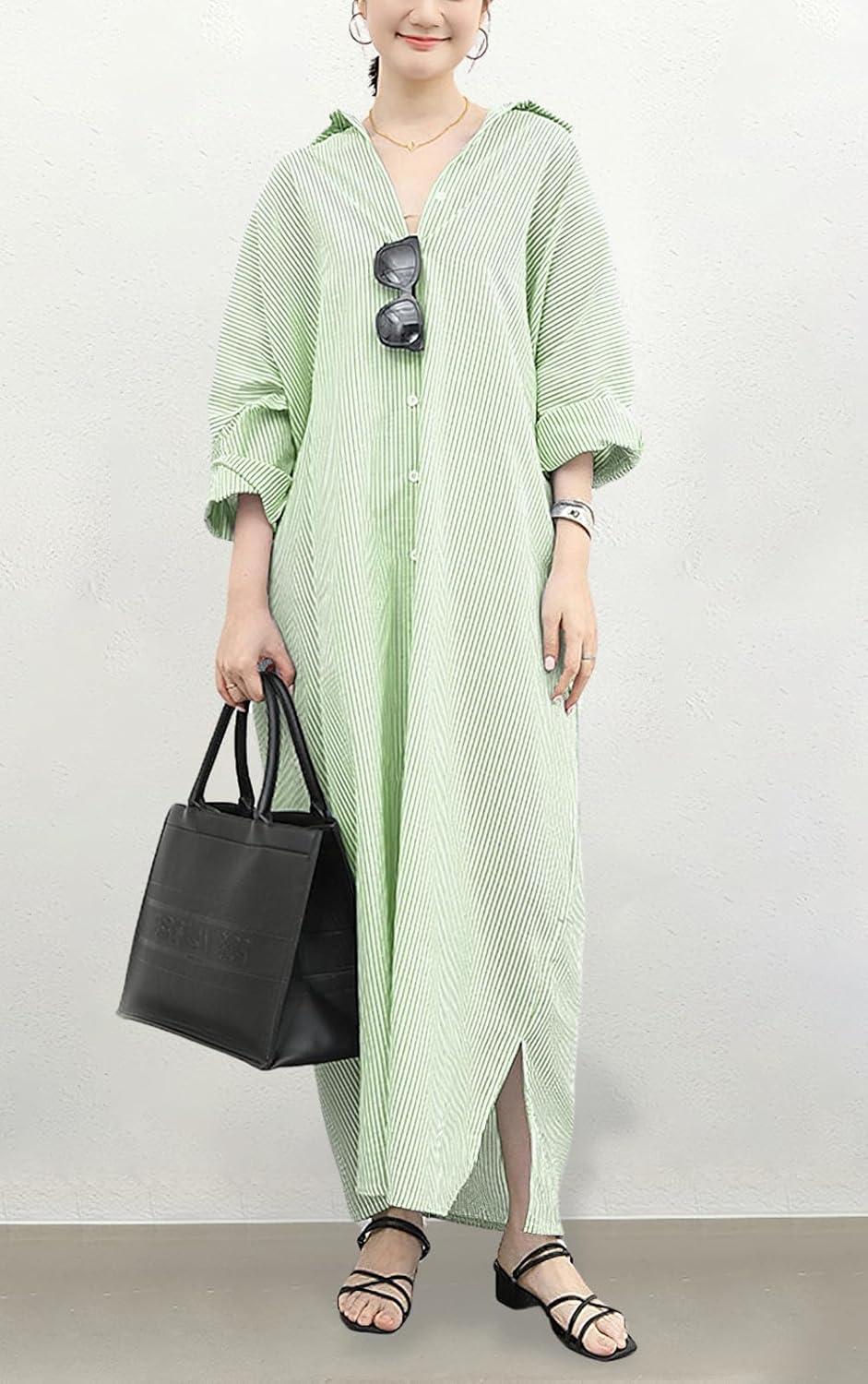 imagechouyatou Womens Casual Long Sleeve Button Down Loose Striped Cotton Maxi Shirt DressGreen