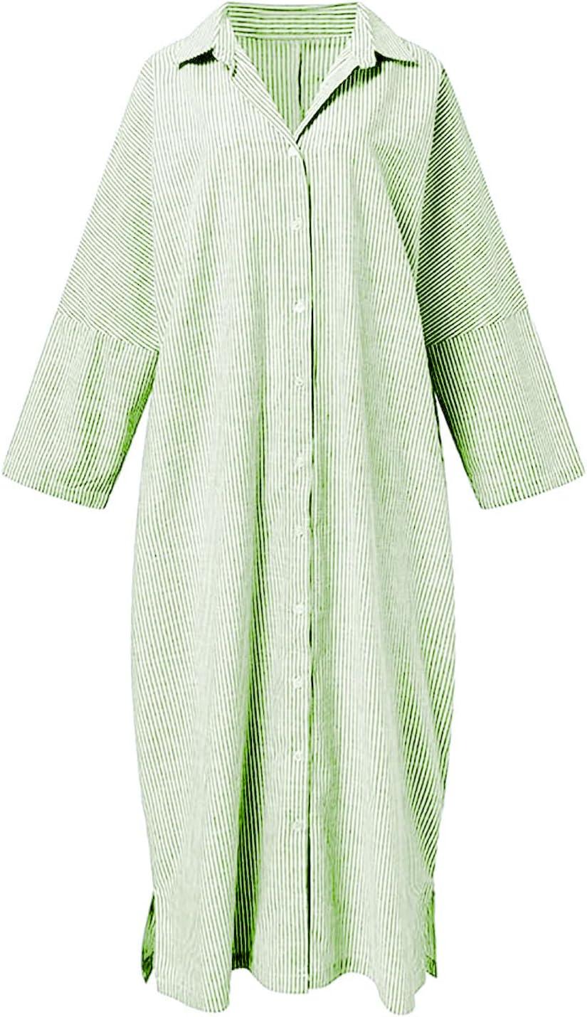 imagechouyatou Womens Casual Long Sleeve Button Down Loose Striped Cotton Maxi Shirt DressGreen