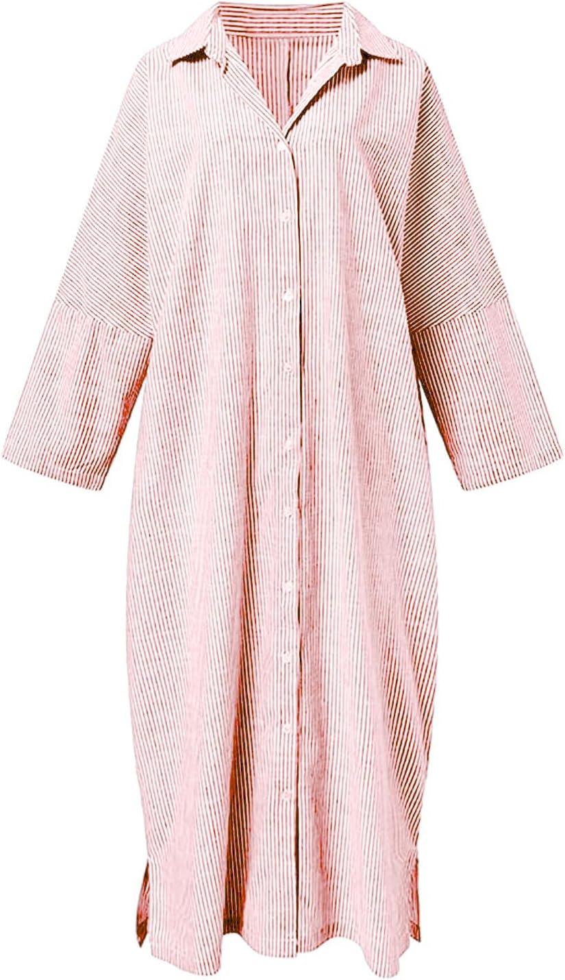 imagechouyatou Womens Casual Long Sleeve Button Down Loose Striped Cotton Maxi Shirt DressOrange Pink