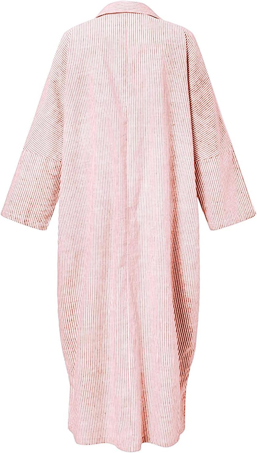 imagechouyatou Womens Casual Long Sleeve Button Down Loose Striped Cotton Maxi Shirt DressOrange Pink