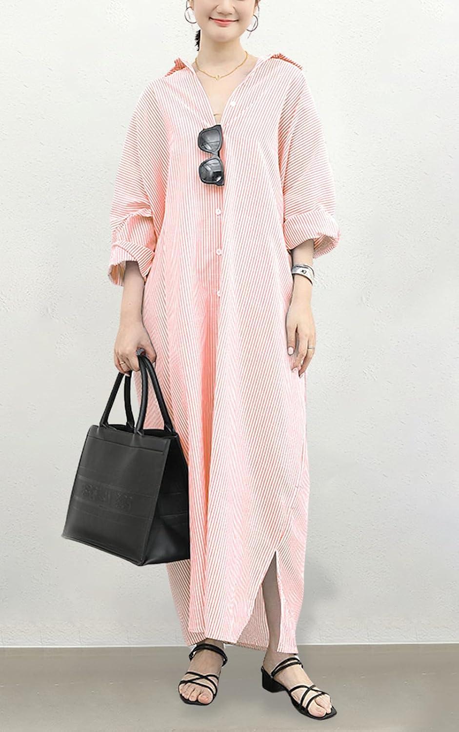 imagechouyatou Womens Casual Long Sleeve Button Down Loose Striped Cotton Maxi Shirt DressOrange Pink