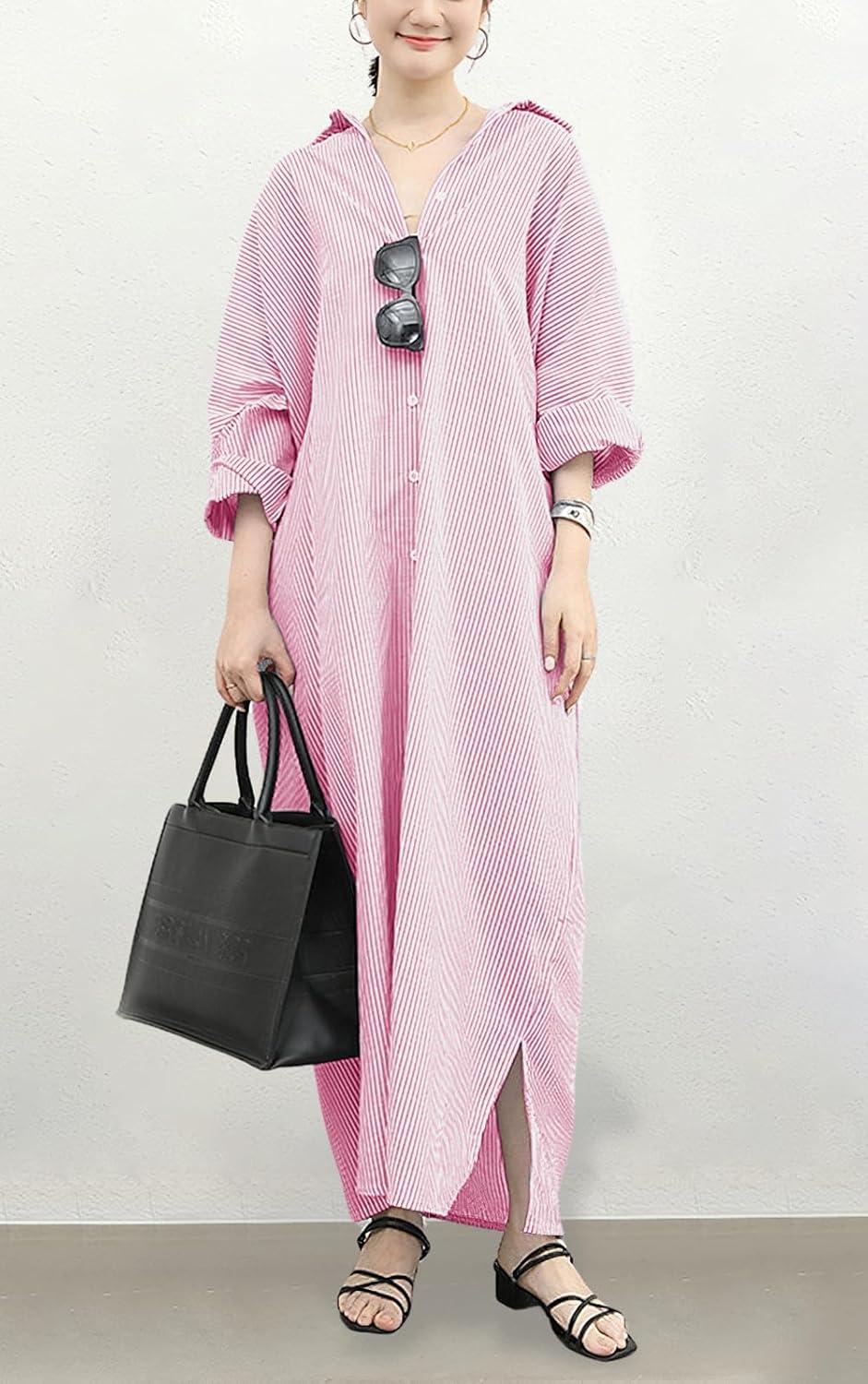 imagechouyatou Womens Casual Long Sleeve Button Down Loose Striped Cotton Maxi Shirt DressPink