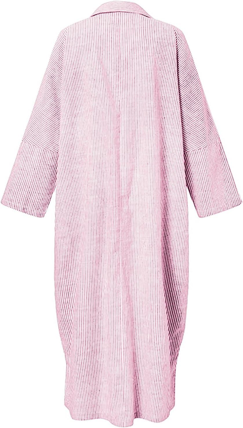 imagechouyatou Womens Casual Long Sleeve Button Down Loose Striped Cotton Maxi Shirt DressPink