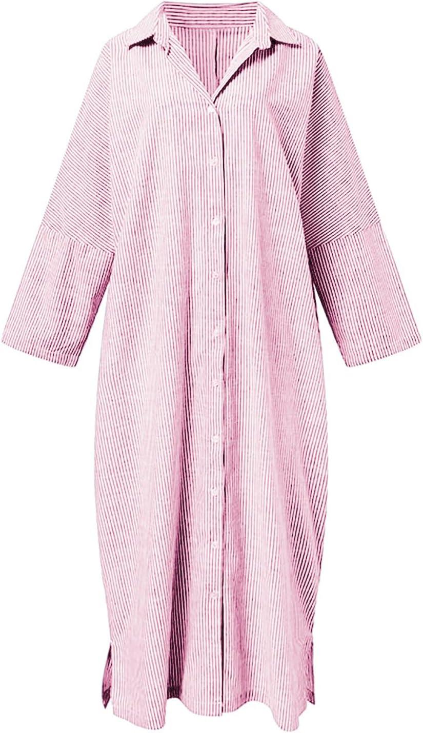 imagechouyatou Womens Casual Long Sleeve Button Down Loose Striped Cotton Maxi Shirt DressPink