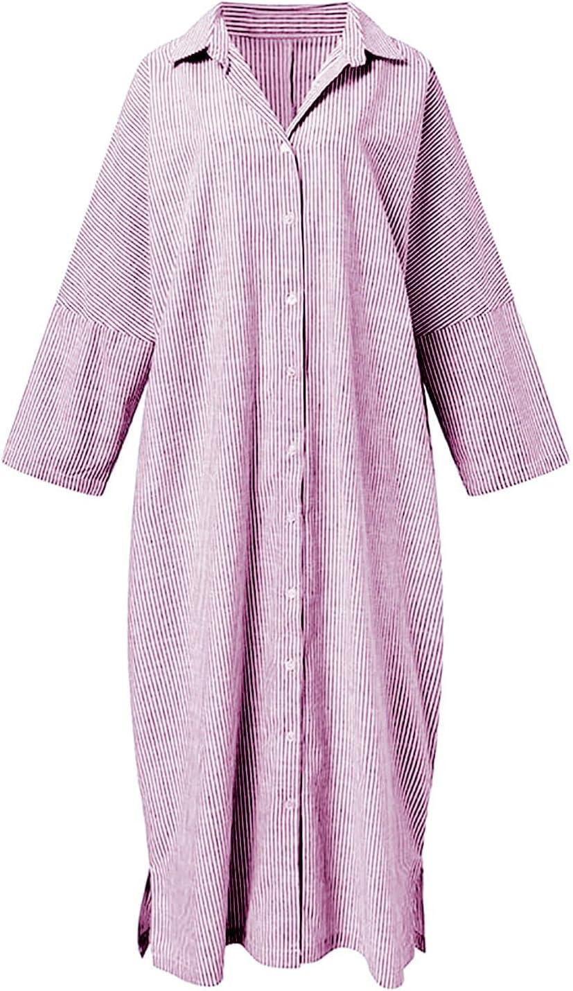 imagechouyatou Womens Casual Long Sleeve Button Down Loose Striped Cotton Maxi Shirt DressPurple