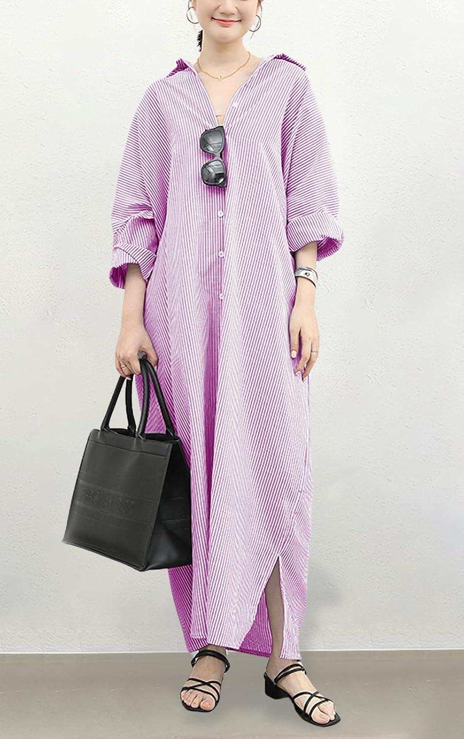 imagechouyatou Womens Casual Long Sleeve Button Down Loose Striped Cotton Maxi Shirt DressPurple