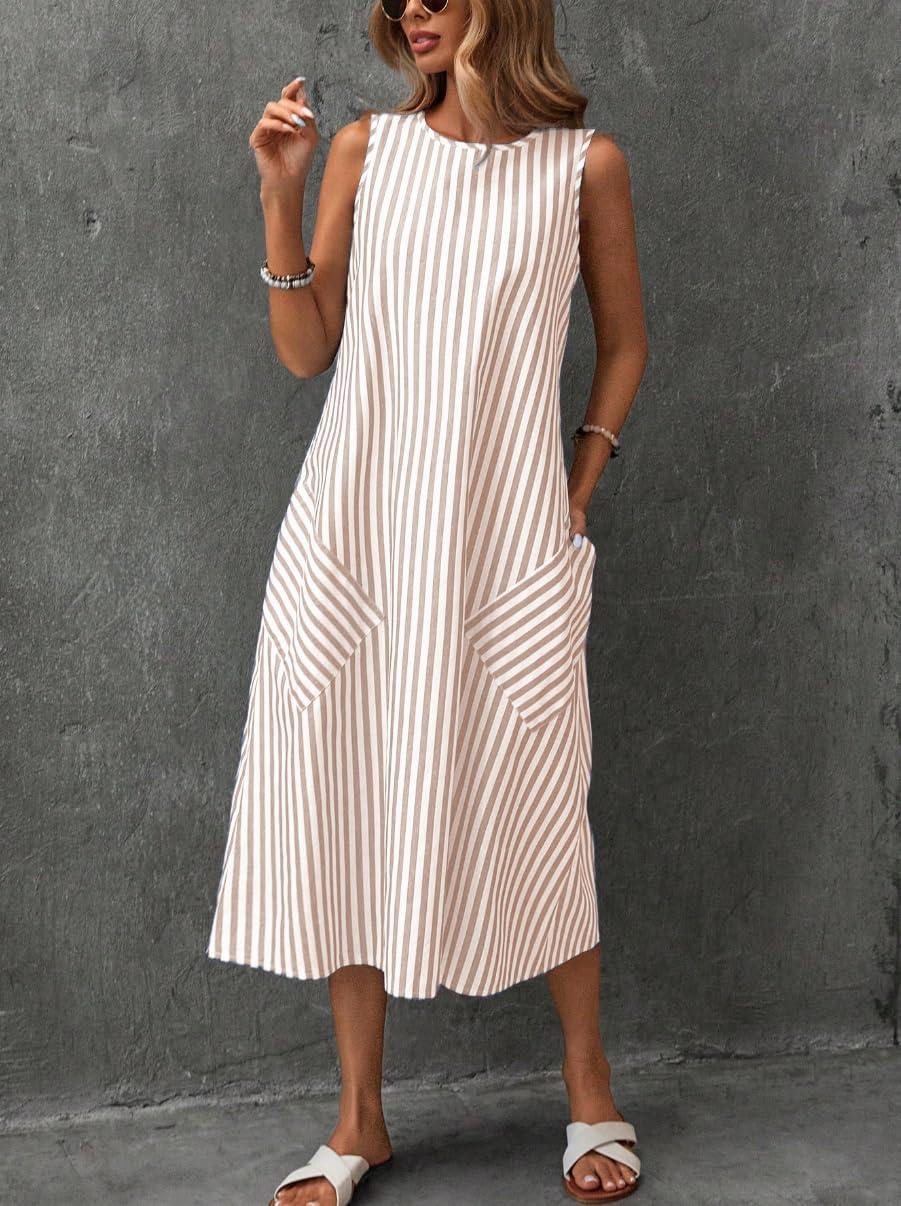 imagechouyatou Womens Casual Loose Vertical Striped Dress Crew Neck Sleeveless Midi Long Tank Dress with PocketsKhaki