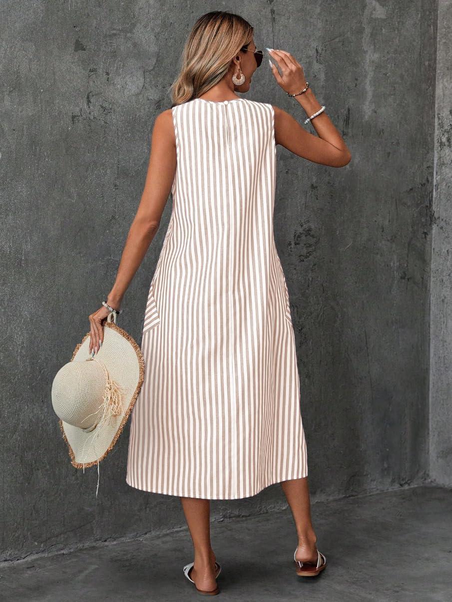imagechouyatou Womens Casual Loose Vertical Striped Dress Crew Neck Sleeveless Midi Long Tank Dress with PocketsKhaki