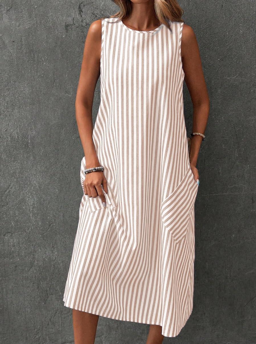 imagechouyatou Womens Casual Loose Vertical Striped Dress Crew Neck Sleeveless Midi Long Tank Dress with PocketsKhaki