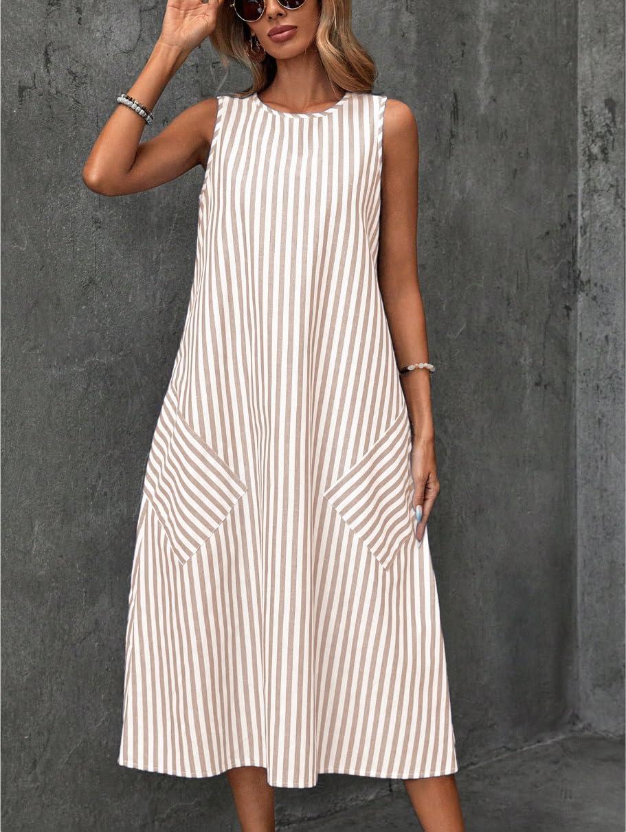 imagechouyatou Womens Casual Loose Vertical Striped Dress Crew Neck Sleeveless Midi Long Tank Dress with PocketsKhaki
