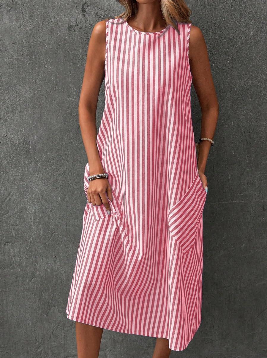 imagechouyatou Womens Casual Loose Vertical Striped Dress Crew Neck Sleeveless Midi Long Tank Dress with PocketsRed
