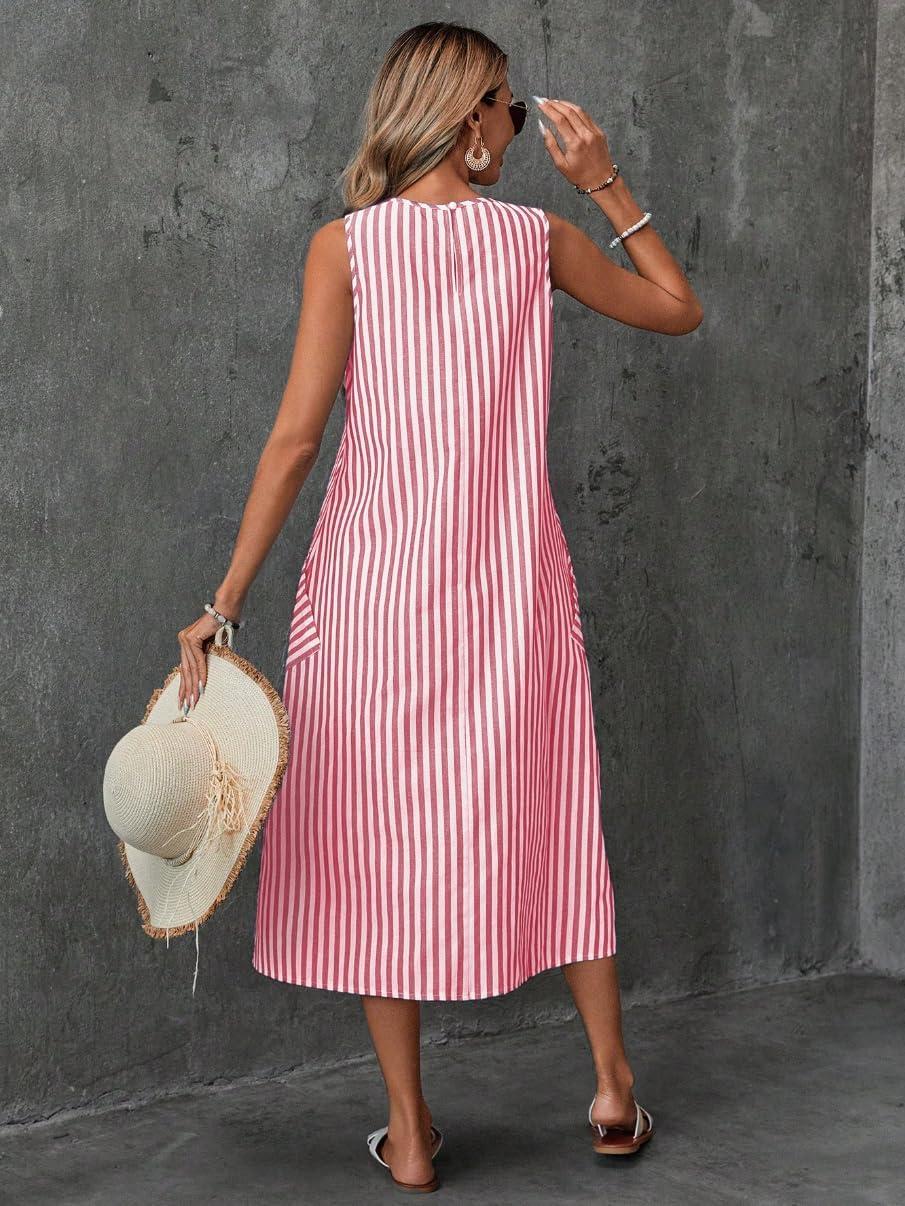 imagechouyatou Womens Casual Loose Vertical Striped Dress Crew Neck Sleeveless Midi Long Tank Dress with PocketsRed