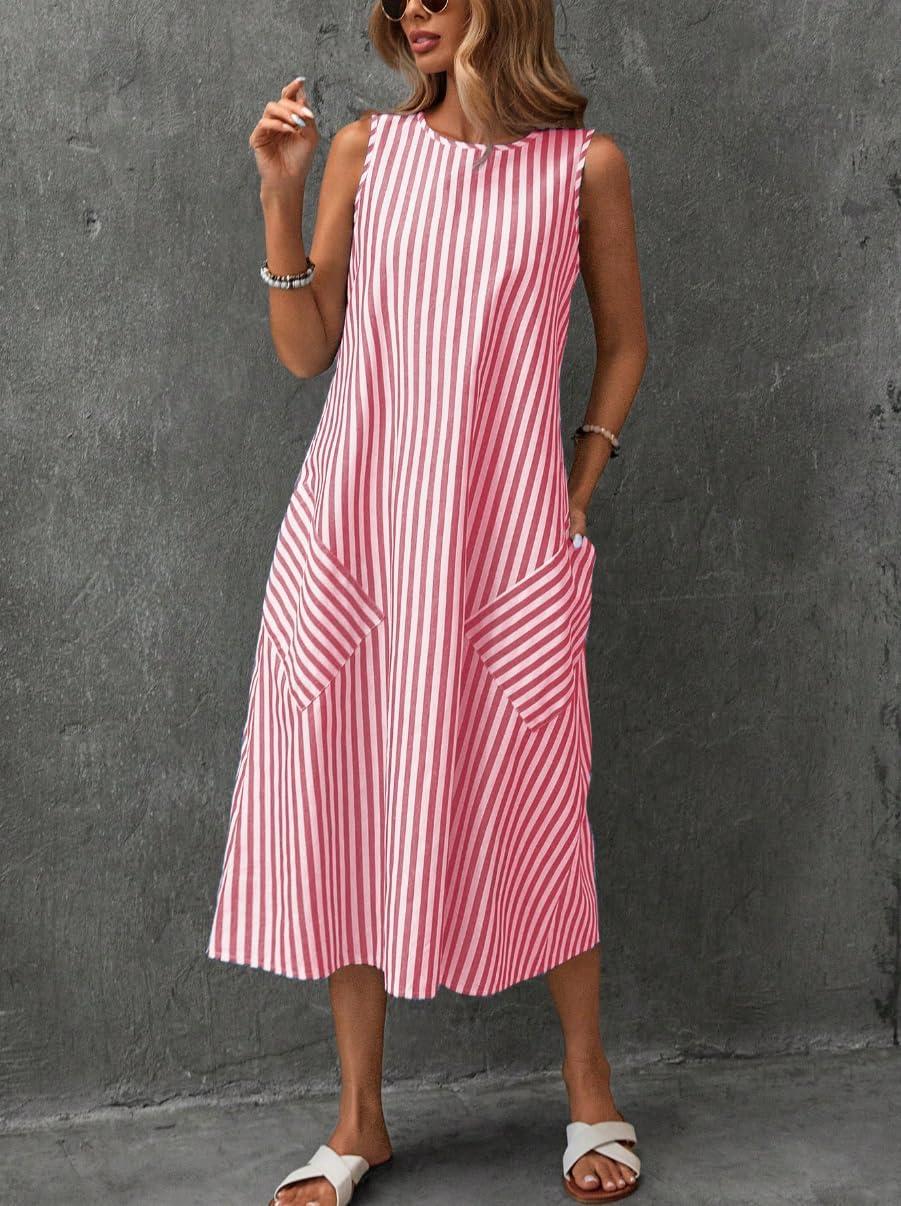 imagechouyatou Womens Casual Loose Vertical Striped Dress Crew Neck Sleeveless Midi Long Tank Dress with PocketsRed
