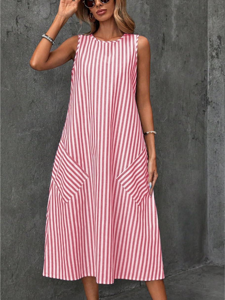 imagechouyatou Womens Casual Loose Vertical Striped Dress Crew Neck Sleeveless Midi Long Tank Dress with PocketsRed