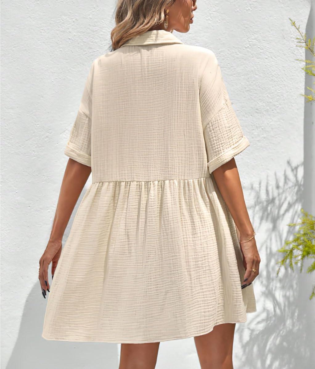 imagechouyatou Womens Casual Short Sleeve Button Down Mini Shirt Dress Cotton Babydoll Tunic Loose Beach DressApricot