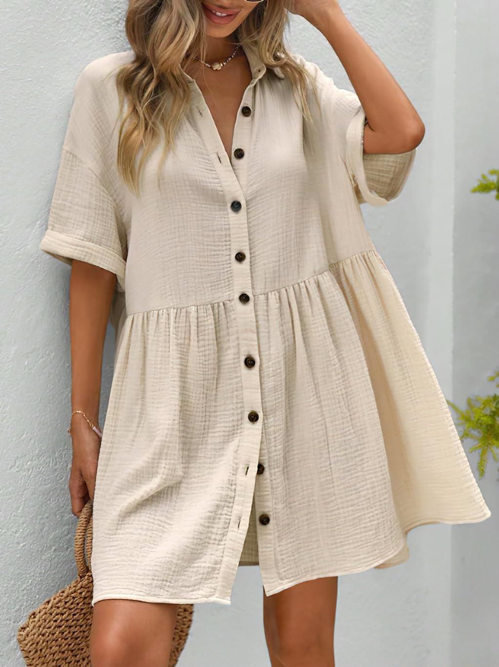imagechouyatou Womens Casual Short Sleeve Button Down Mini Shirt Dress Cotton Babydoll Tunic Loose Beach DressApricot