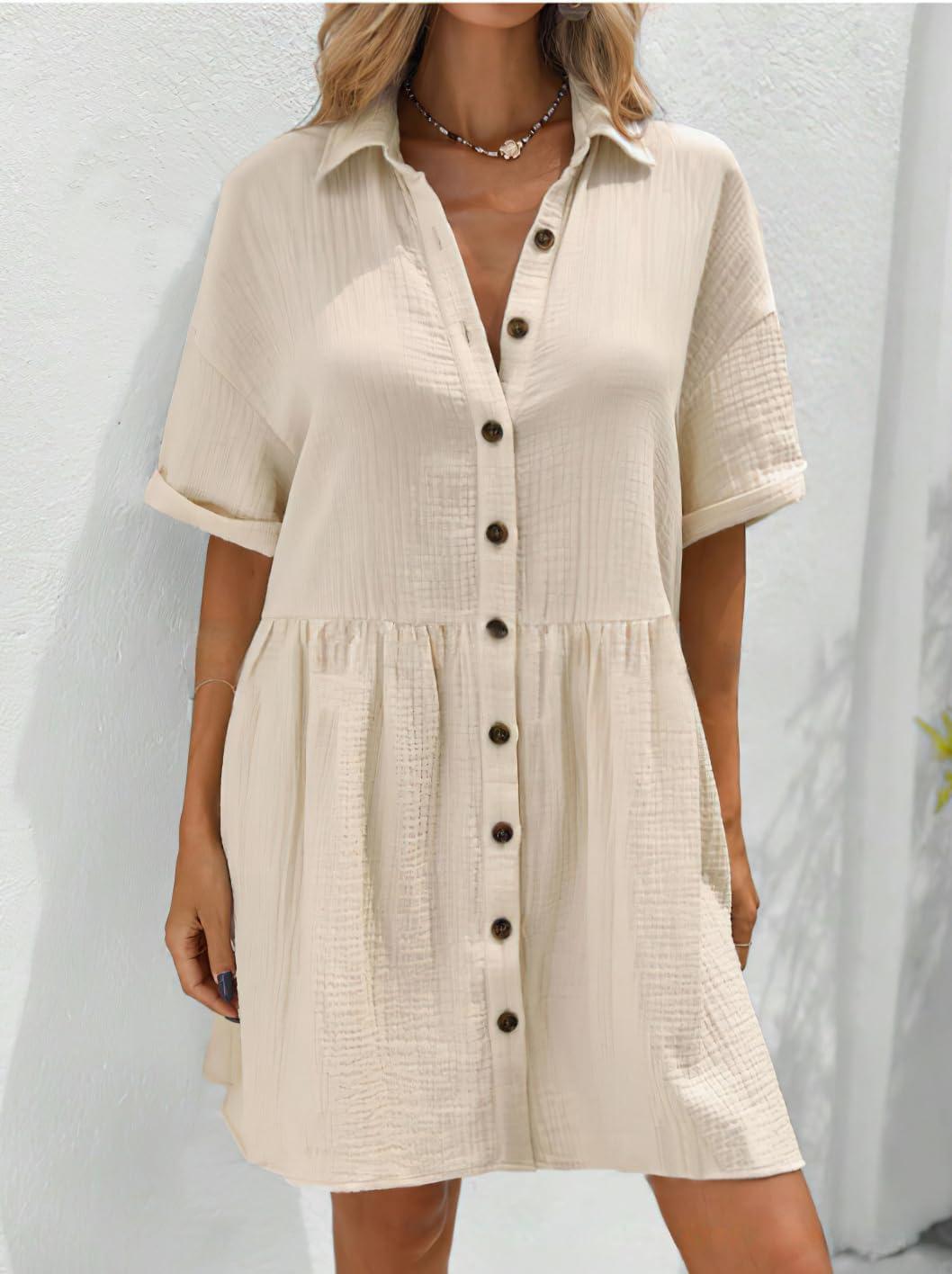 imagechouyatou Womens Casual Short Sleeve Button Down Mini Shirt Dress Cotton Babydoll Tunic Loose Beach DressApricot