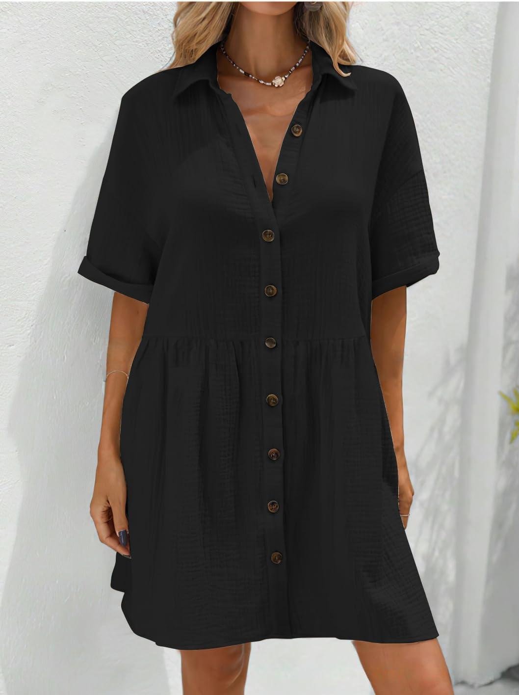 imagechouyatou Womens Casual Short Sleeve Button Down Mini Shirt Dress Cotton Babydoll Tunic Loose Beach DressBlack