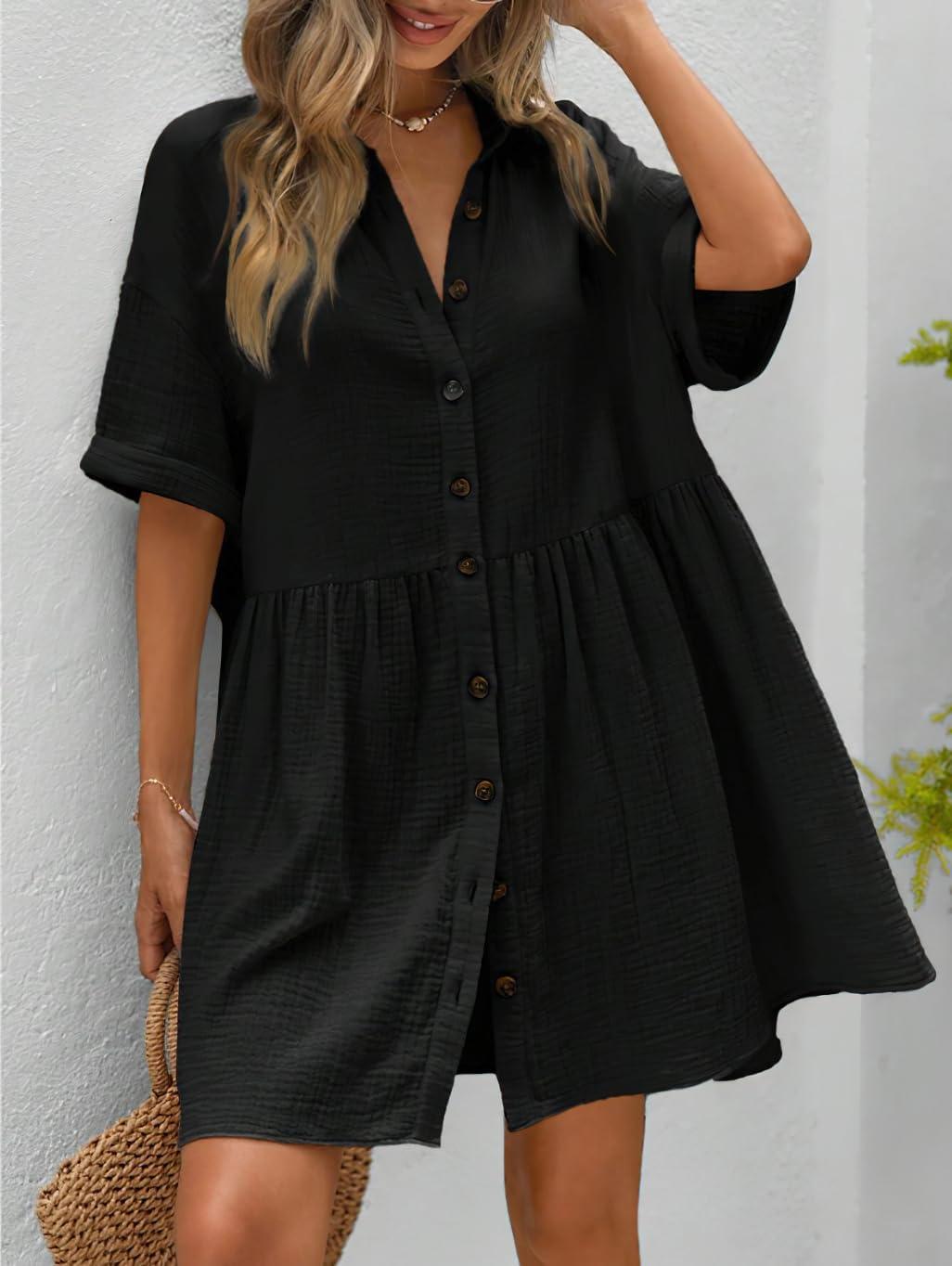 imagechouyatou Womens Casual Short Sleeve Button Down Mini Shirt Dress Cotton Babydoll Tunic Loose Beach DressBlack