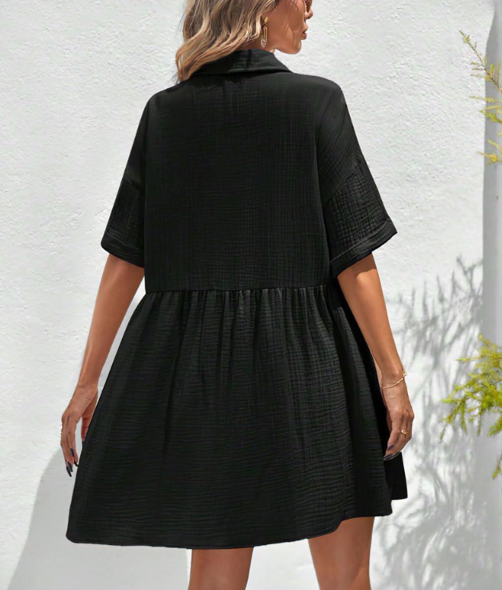 imagechouyatou Womens Casual Short Sleeve Button Down Mini Shirt Dress Cotton Babydoll Tunic Loose Beach DressBlack