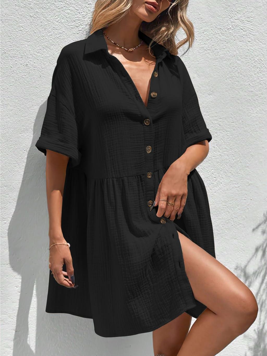 imagechouyatou Womens Casual Short Sleeve Button Down Mini Shirt Dress Cotton Babydoll Tunic Loose Beach DressBlack