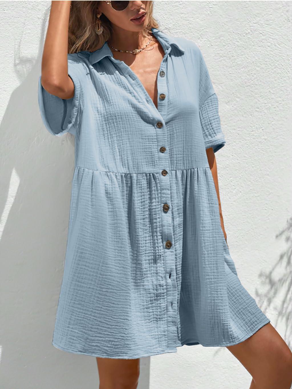imagechouyatou Womens Casual Short Sleeve Button Down Mini Shirt Dress Cotton Babydoll Tunic Loose Beach DressLight Blue