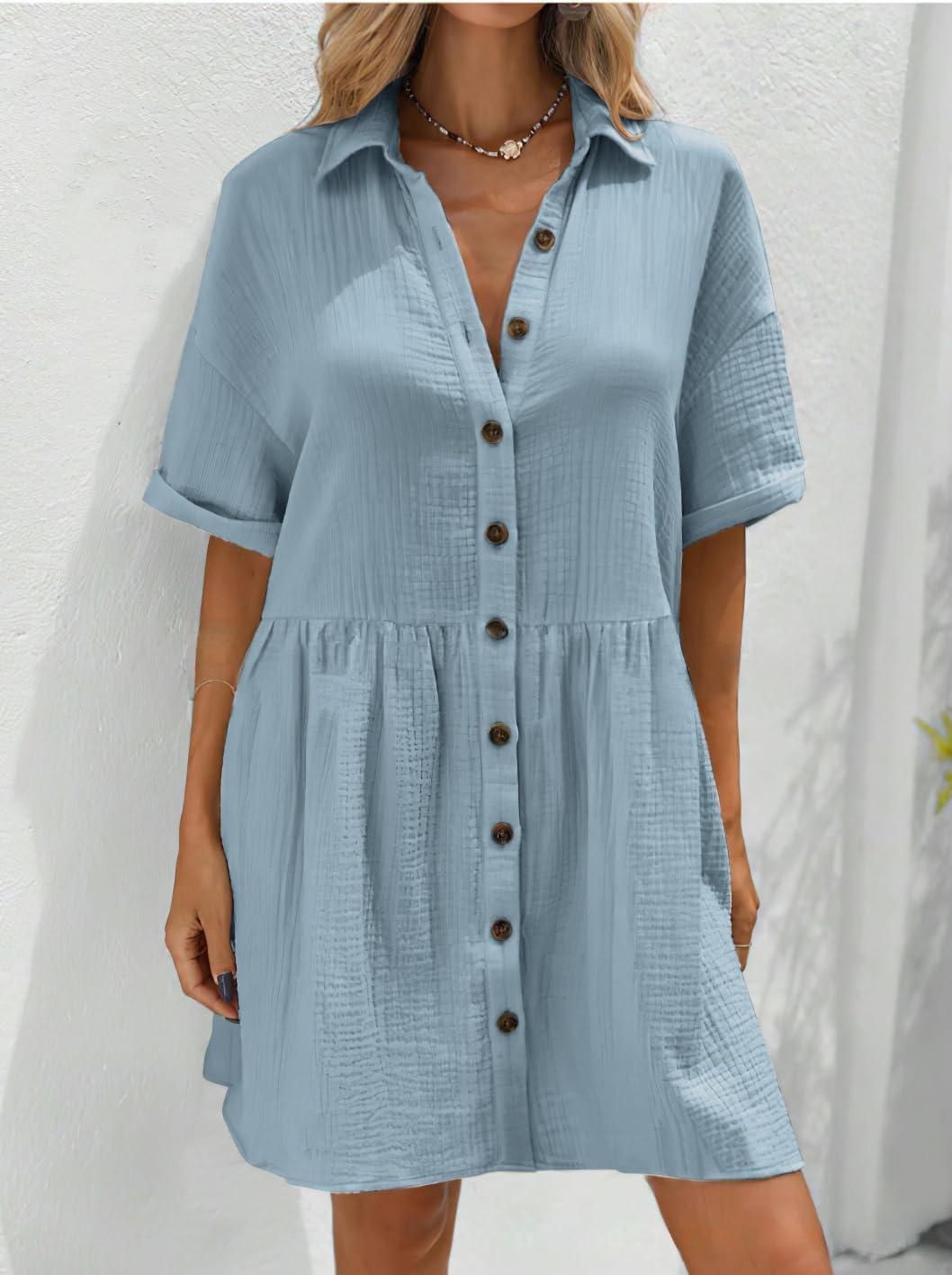 imagechouyatou Womens Casual Short Sleeve Button Down Mini Shirt Dress Cotton Babydoll Tunic Loose Beach DressLight Blue