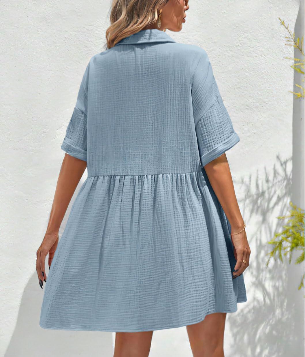 imagechouyatou Womens Casual Short Sleeve Button Down Mini Shirt Dress Cotton Babydoll Tunic Loose Beach DressLight Blue