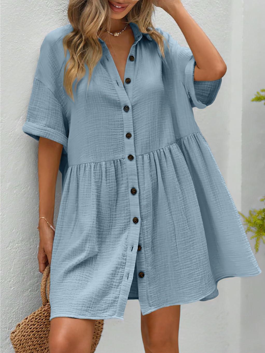 imagechouyatou Womens Casual Short Sleeve Button Down Mini Shirt Dress Cotton Babydoll Tunic Loose Beach DressLight Blue