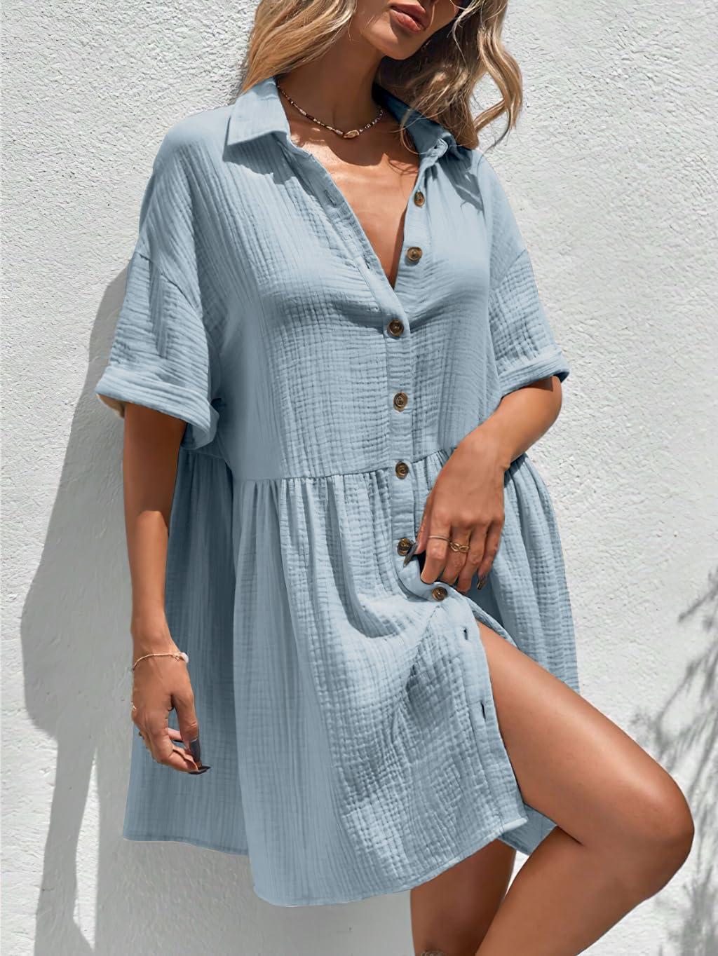 imagechouyatou Womens Casual Short Sleeve Button Down Mini Shirt Dress Cotton Babydoll Tunic Loose Beach DressLight Blue