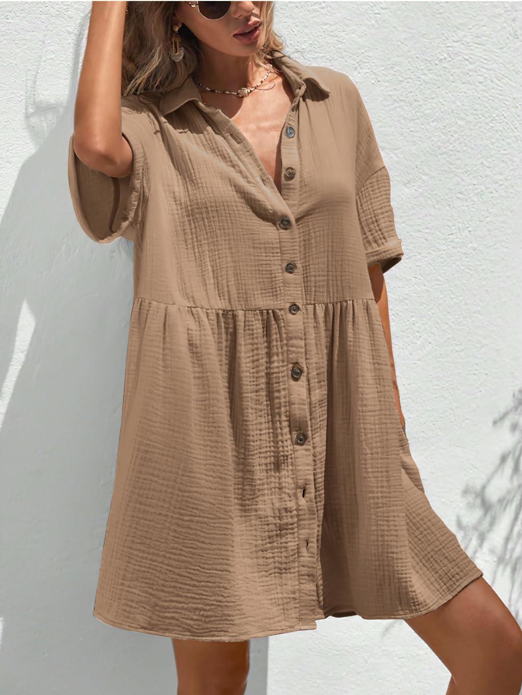imagechouyatou Womens Casual Short Sleeve Button Down Mini Shirt Dress Cotton Babydoll Tunic Loose Beach DressLight Brown