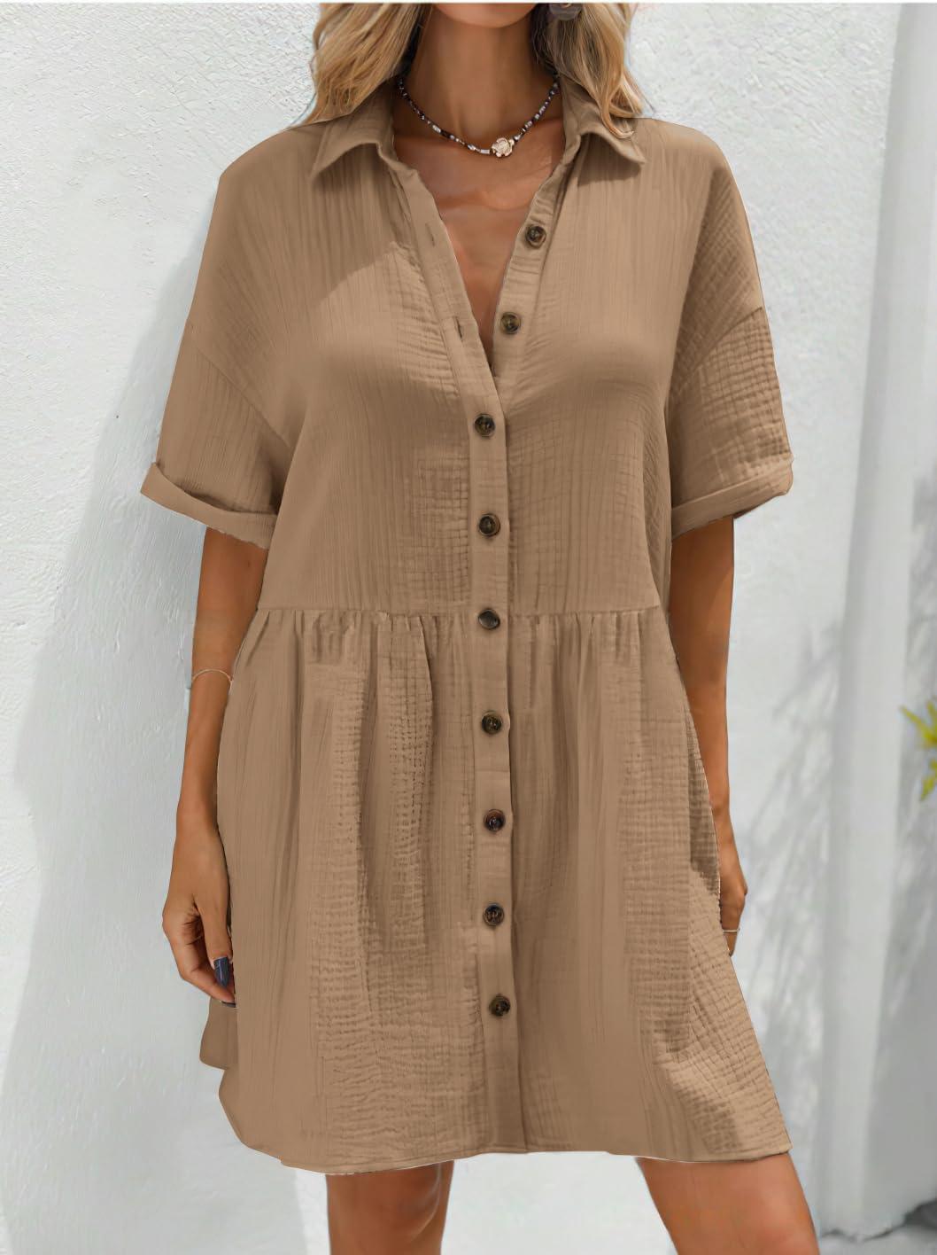 imagechouyatou Womens Casual Short Sleeve Button Down Mini Shirt Dress Cotton Babydoll Tunic Loose Beach DressLight Brown