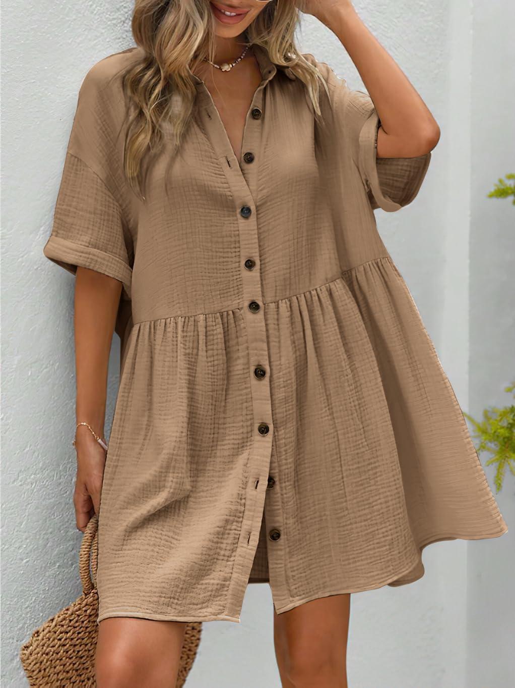 imagechouyatou Womens Casual Short Sleeve Button Down Mini Shirt Dress Cotton Babydoll Tunic Loose Beach DressLight Brown
