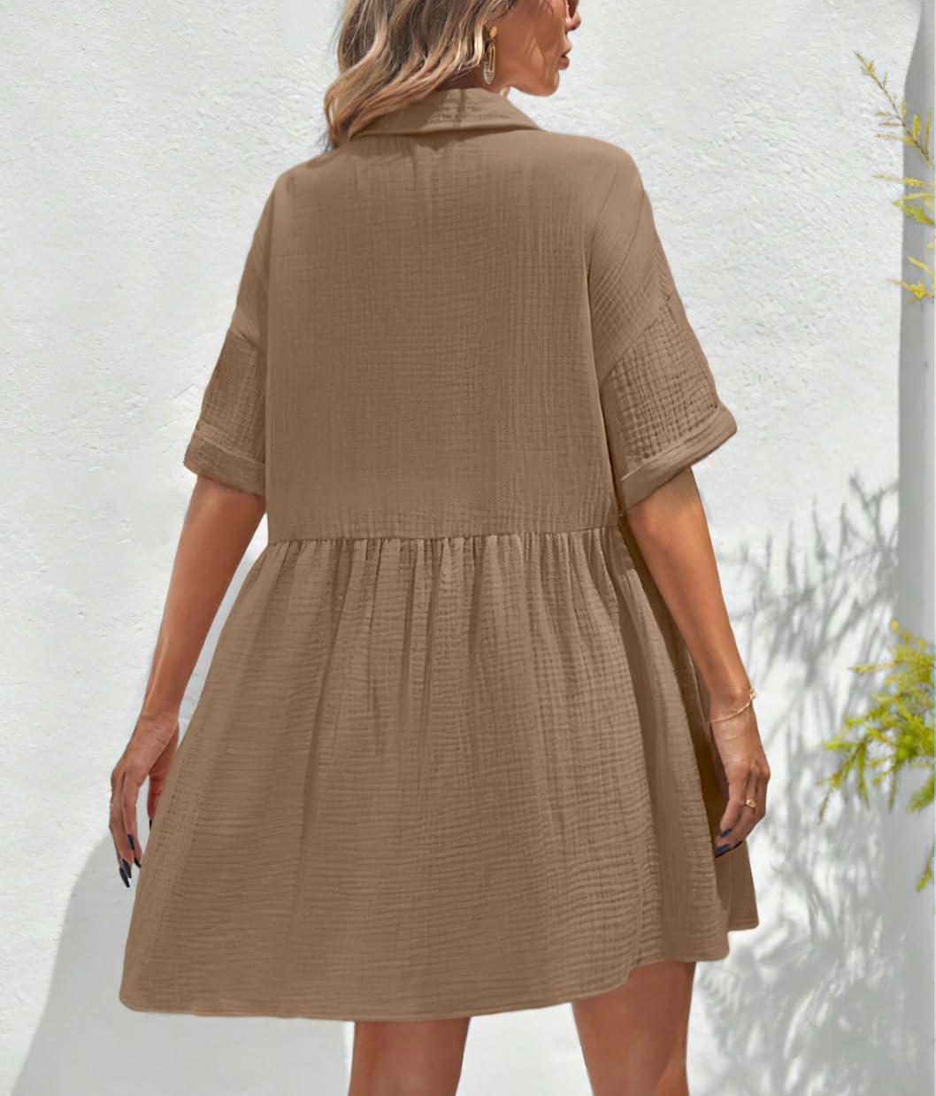 imagechouyatou Womens Casual Short Sleeve Button Down Mini Shirt Dress Cotton Babydoll Tunic Loose Beach DressLight Brown