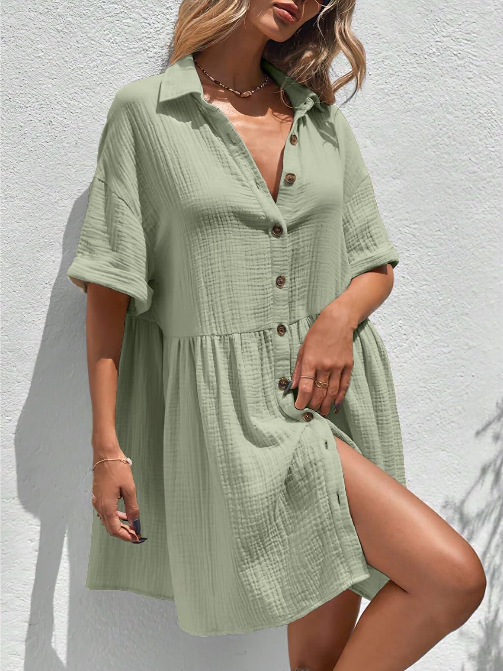 imagechouyatou Womens Casual Short Sleeve Button Down Mini Shirt Dress Cotton Babydoll Tunic Loose Beach DressLight Green