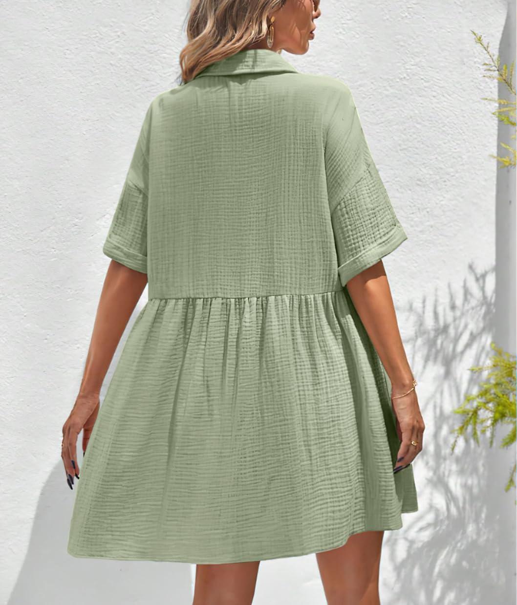 imagechouyatou Womens Casual Short Sleeve Button Down Mini Shirt Dress Cotton Babydoll Tunic Loose Beach DressLight Green