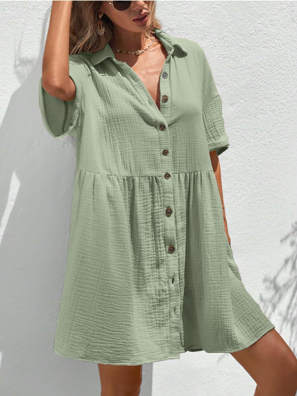 imagechouyatou Womens Casual Short Sleeve Button Down Mini Shirt Dress Cotton Babydoll Tunic Loose Beach DressLight Green
