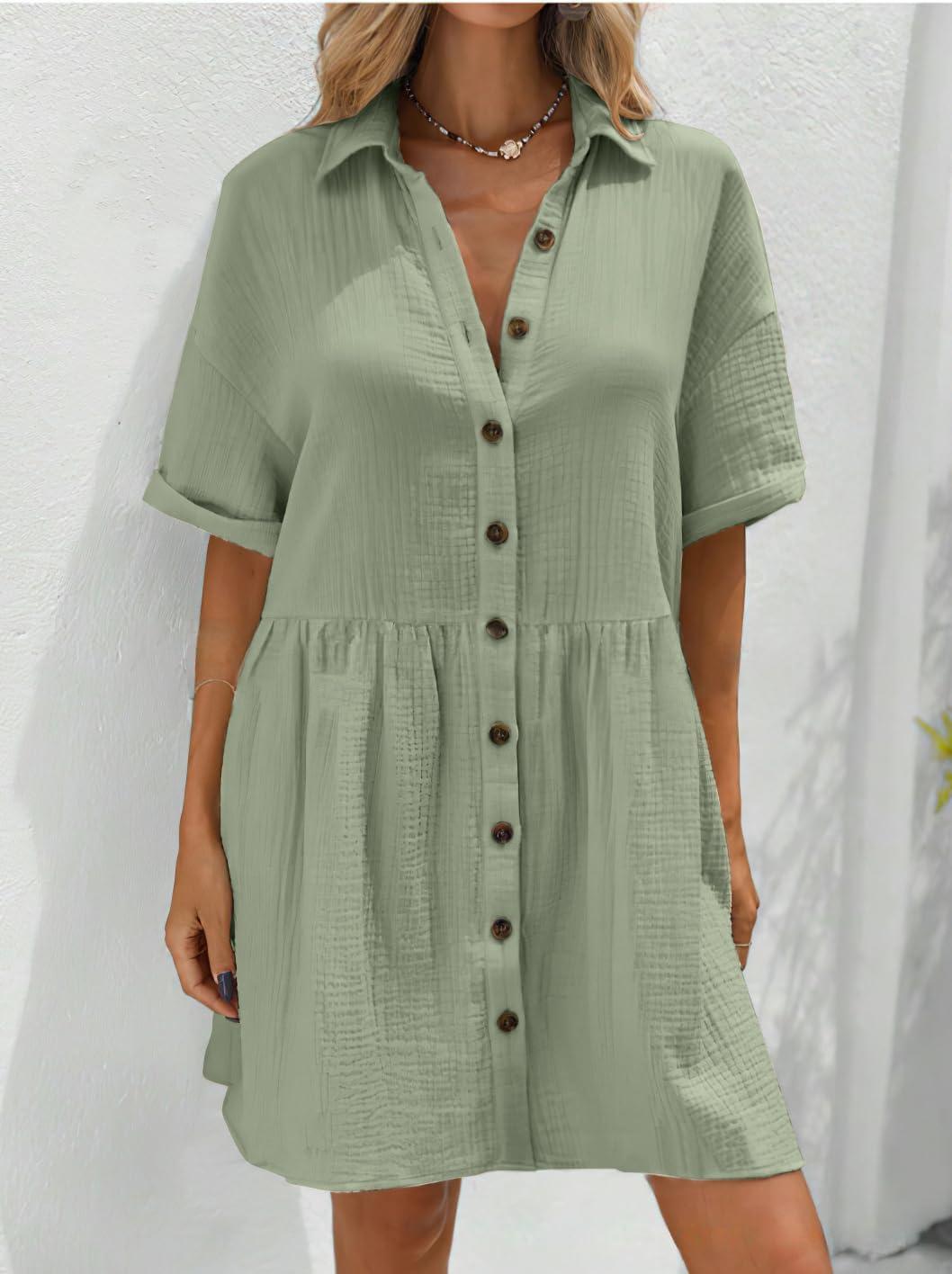 imagechouyatou Womens Casual Short Sleeve Button Down Mini Shirt Dress Cotton Babydoll Tunic Loose Beach DressLight Green