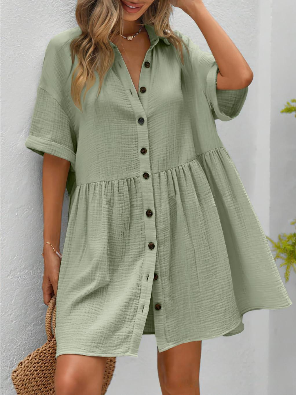 imagechouyatou Womens Casual Short Sleeve Button Down Mini Shirt Dress Cotton Babydoll Tunic Loose Beach DressLight Green