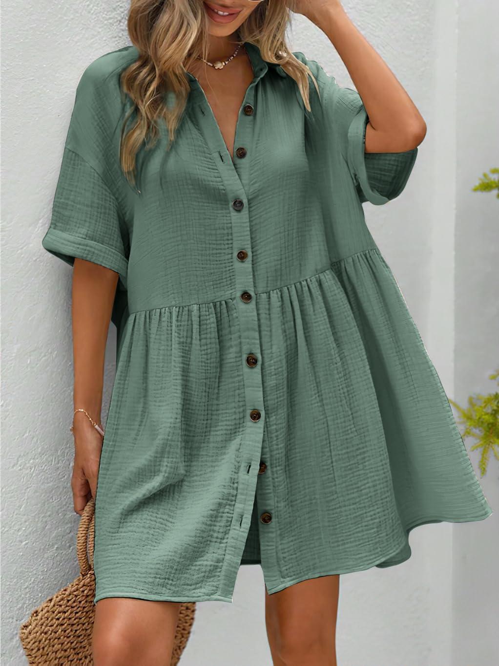 imagechouyatou Womens Casual Short Sleeve Button Down Mini Shirt Dress Cotton Babydoll Tunic Loose Beach DressOcean Green