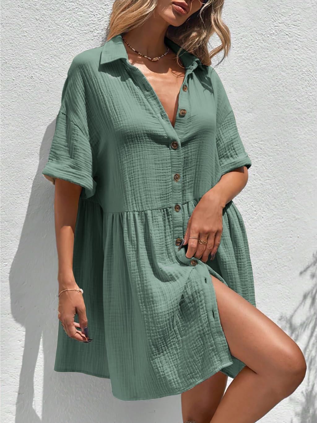imagechouyatou Womens Casual Short Sleeve Button Down Mini Shirt Dress Cotton Babydoll Tunic Loose Beach DressOcean Green