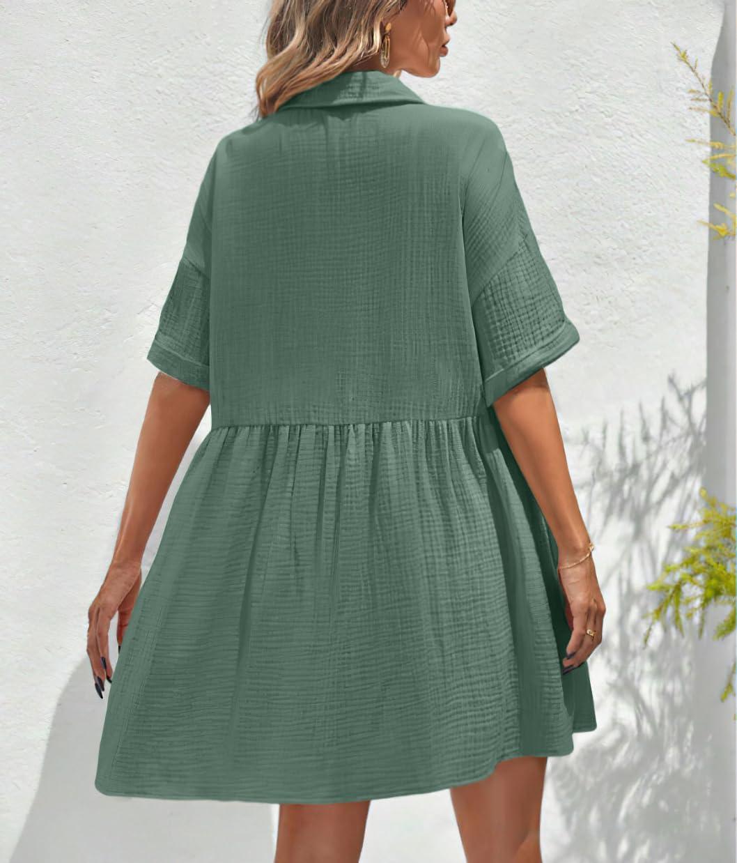 imagechouyatou Womens Casual Short Sleeve Button Down Mini Shirt Dress Cotton Babydoll Tunic Loose Beach DressOcean Green